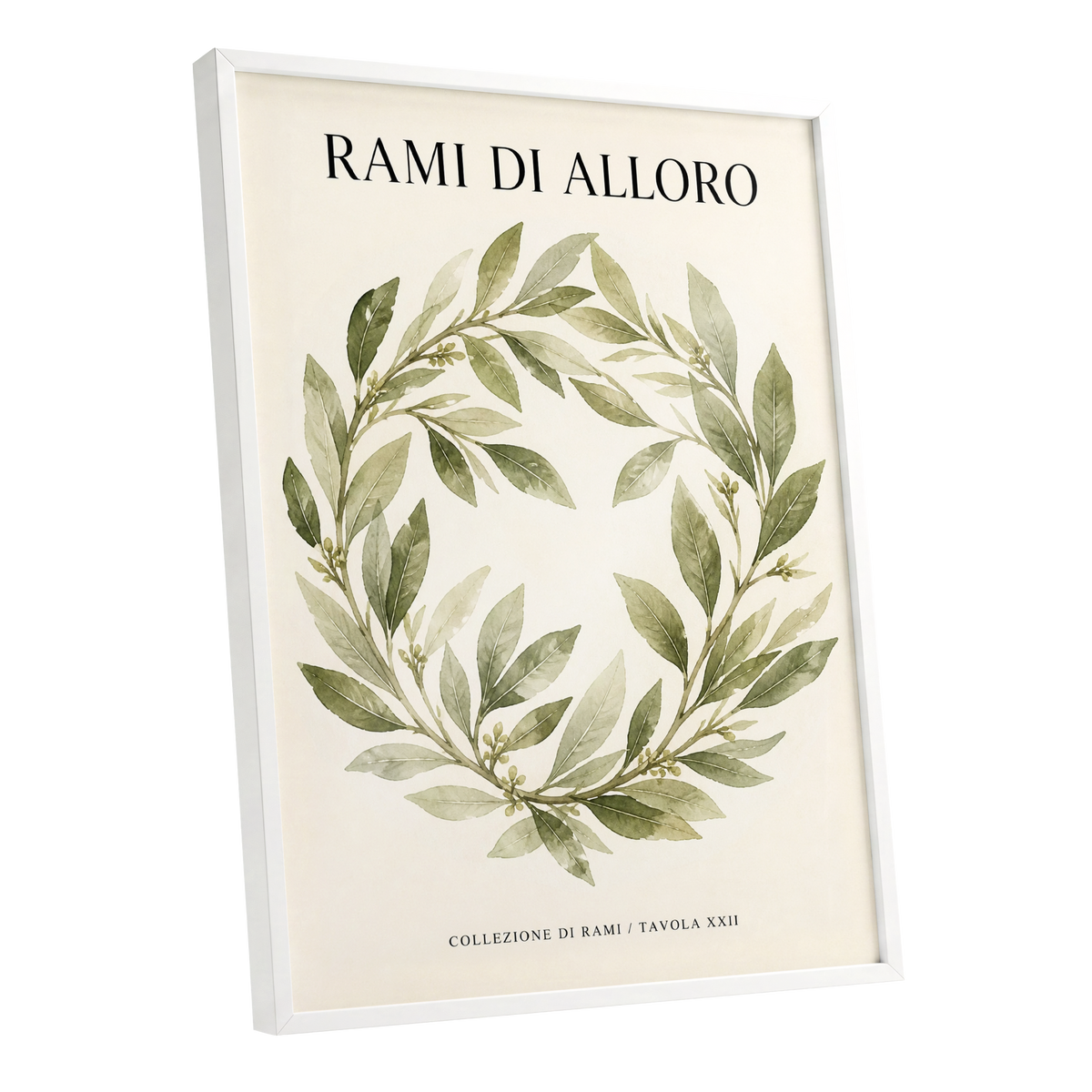Laurel Circle, green, beige, black nature wall art shown as a white framed poster wall art print