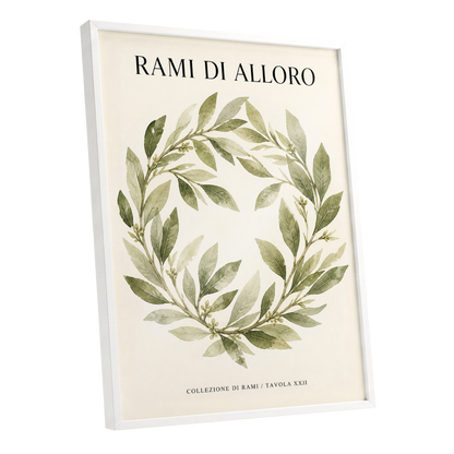 Laurel Circle, green, beige, black nature wall art shown as a white framed poster wall art print