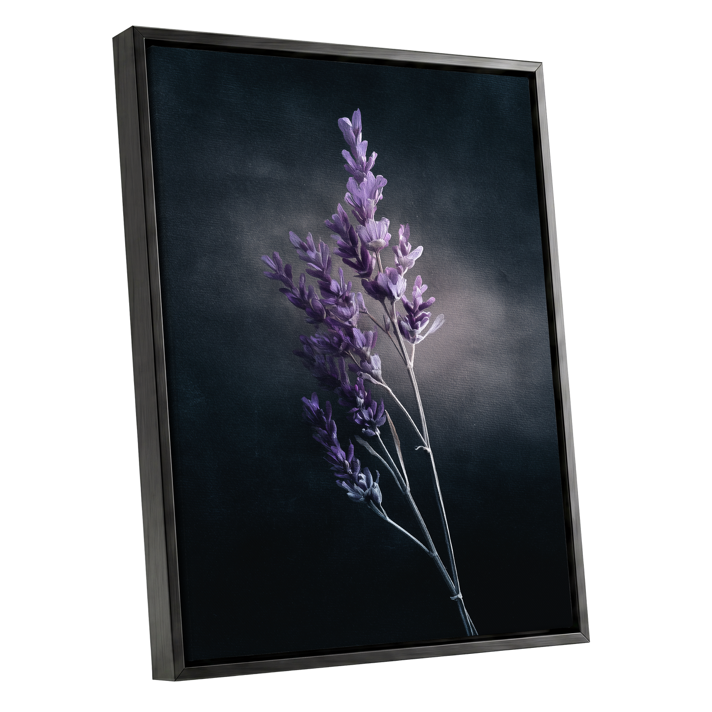 Lavender After Dark, black, purple, gray floral wall art shown as a black framed canvas wall art