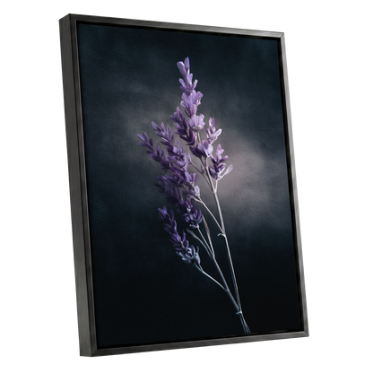 Lavender After Dark, black, purple, gray floral wall art shown as a black framed canvas wall art