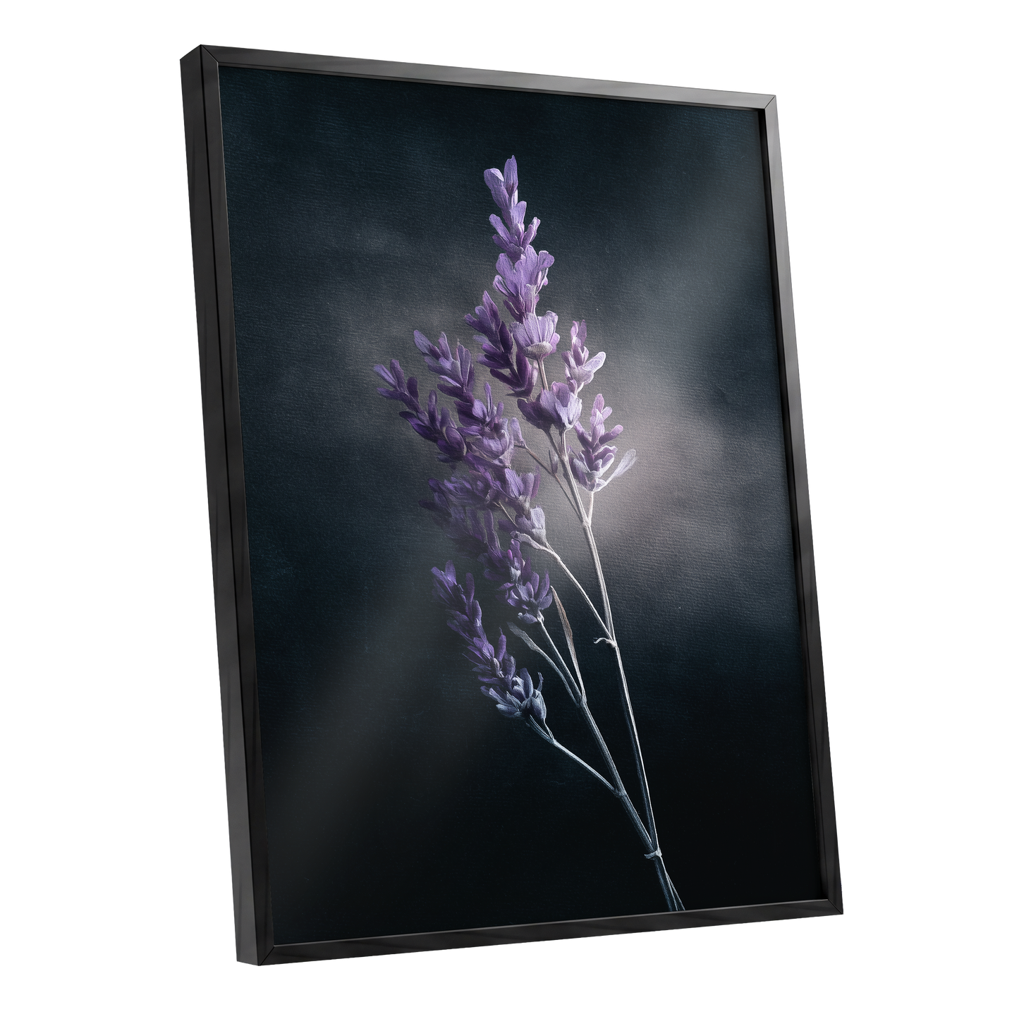 Lavender After Dark, black, purple, gray floral wall art shown as a black framed poster wall art print