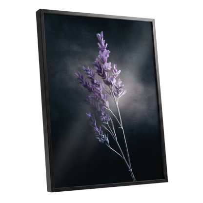 Lavender After Dark, black, purple, gray floral wall art shown as a black framed poster wall art print
