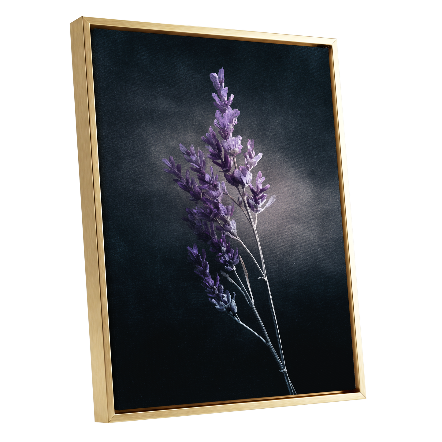 Lavender After Dark, black, purple, gray floral wall art shown as a gold framed canvas wall art