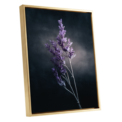 Lavender After Dark, black, purple, gray floral wall art shown as a gold framed canvas wall art