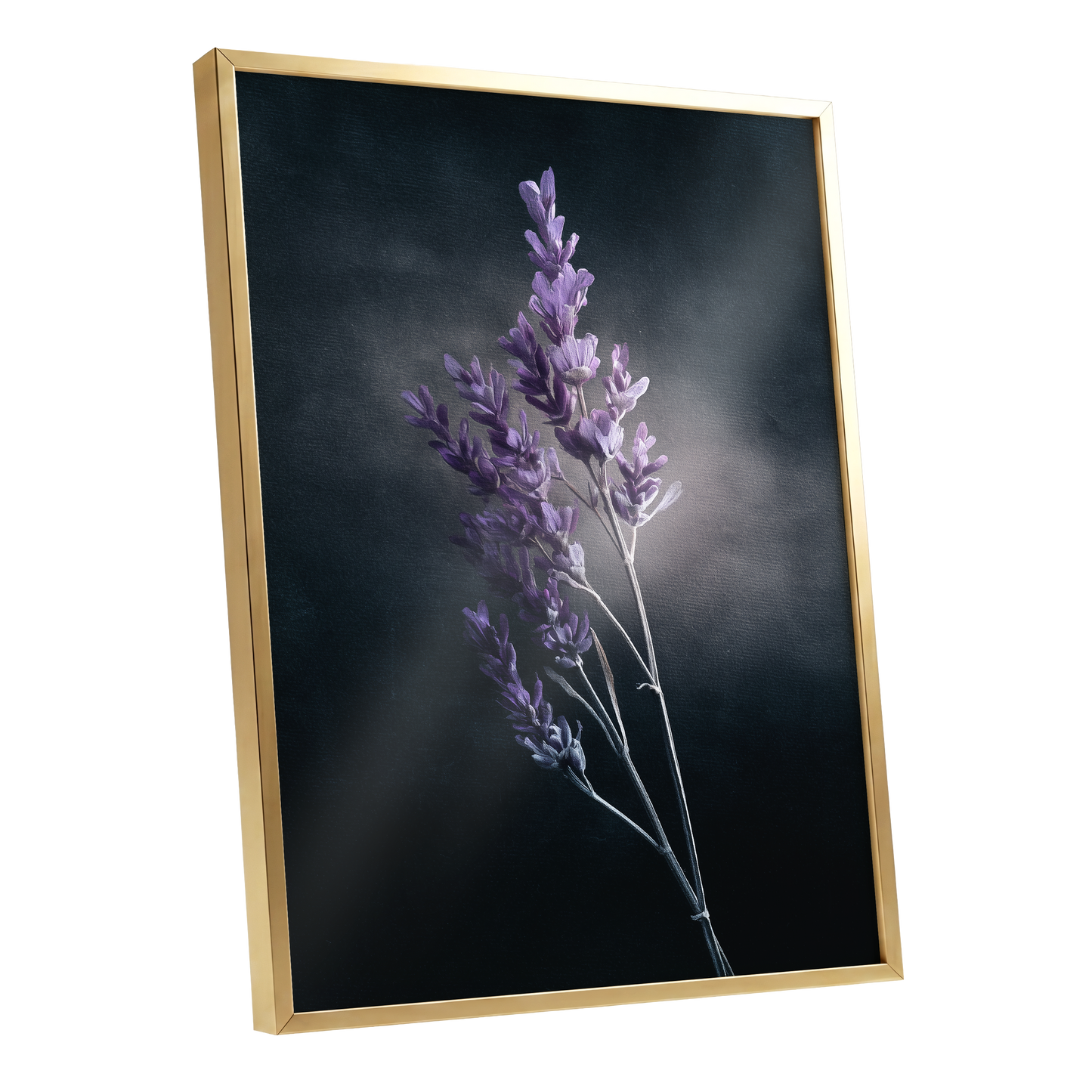 Lavender After Dark, black, purple, gray floral wall art shown as a gold framed poster wall art print