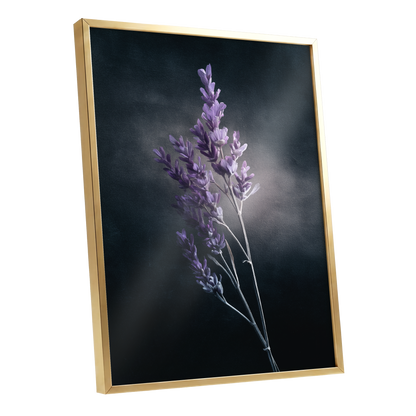 Lavender After Dark, black, purple, gray floral wall art shown as a gold framed poster wall art print