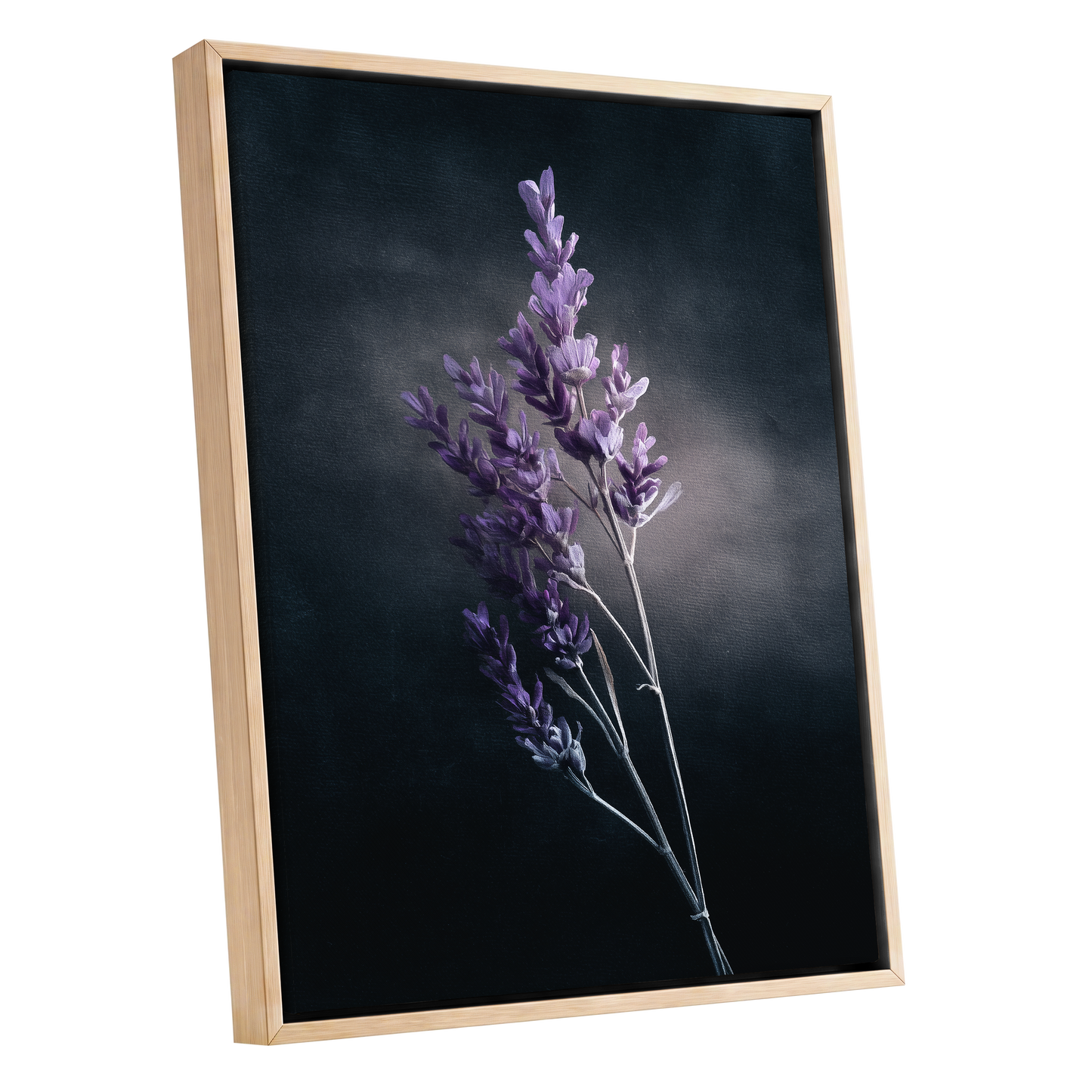 Lavender After Dark, black, purple, gray floral wall art shown as a oak framed canvas wall art