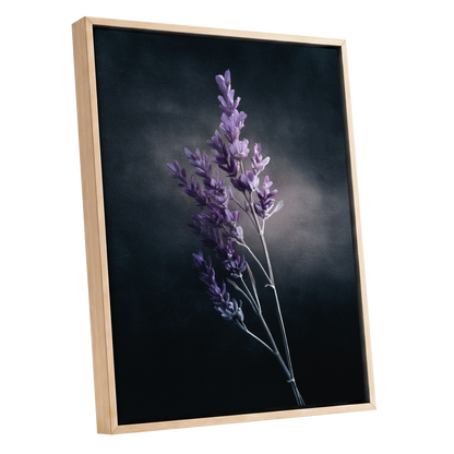 Lavender After Dark, black, purple, gray floral wall art shown as a oak framed canvas wall art