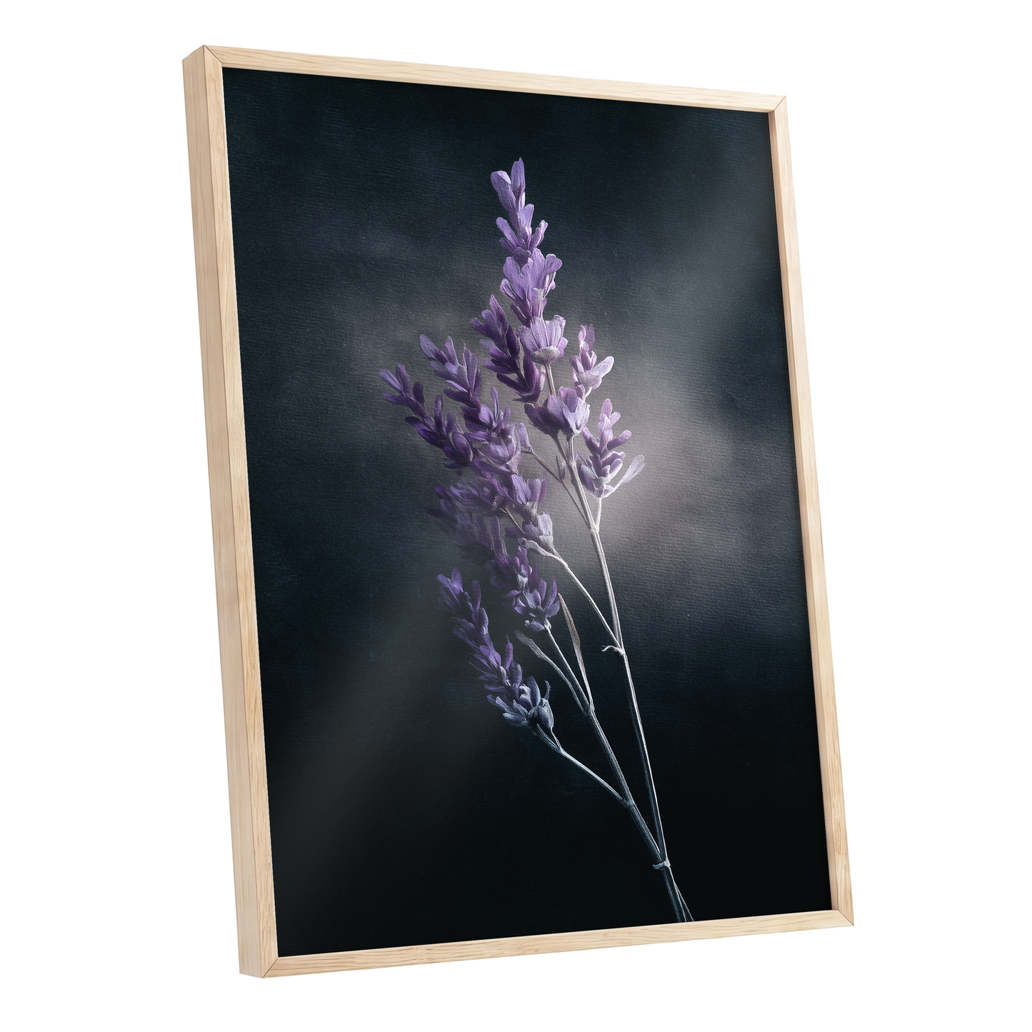 Lavender After Dark, black, purple, gray floral wall art shown as a oak framed poster wall art print