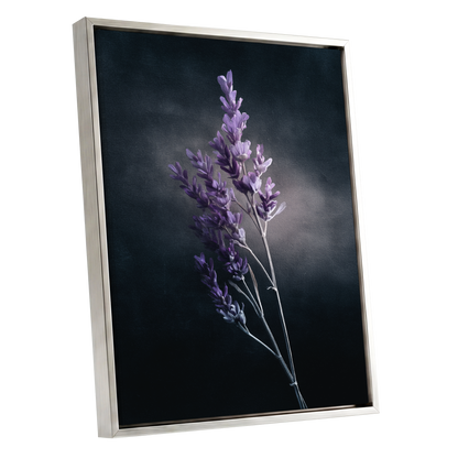 Lavender After Dark, black, purple, gray floral wall art shown as a silver framed canvas wall art