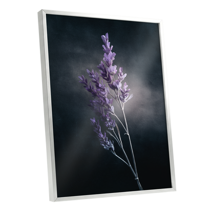 Lavender After Dark, black, purple, gray floral wall art shown as a silver framed poster wall art print