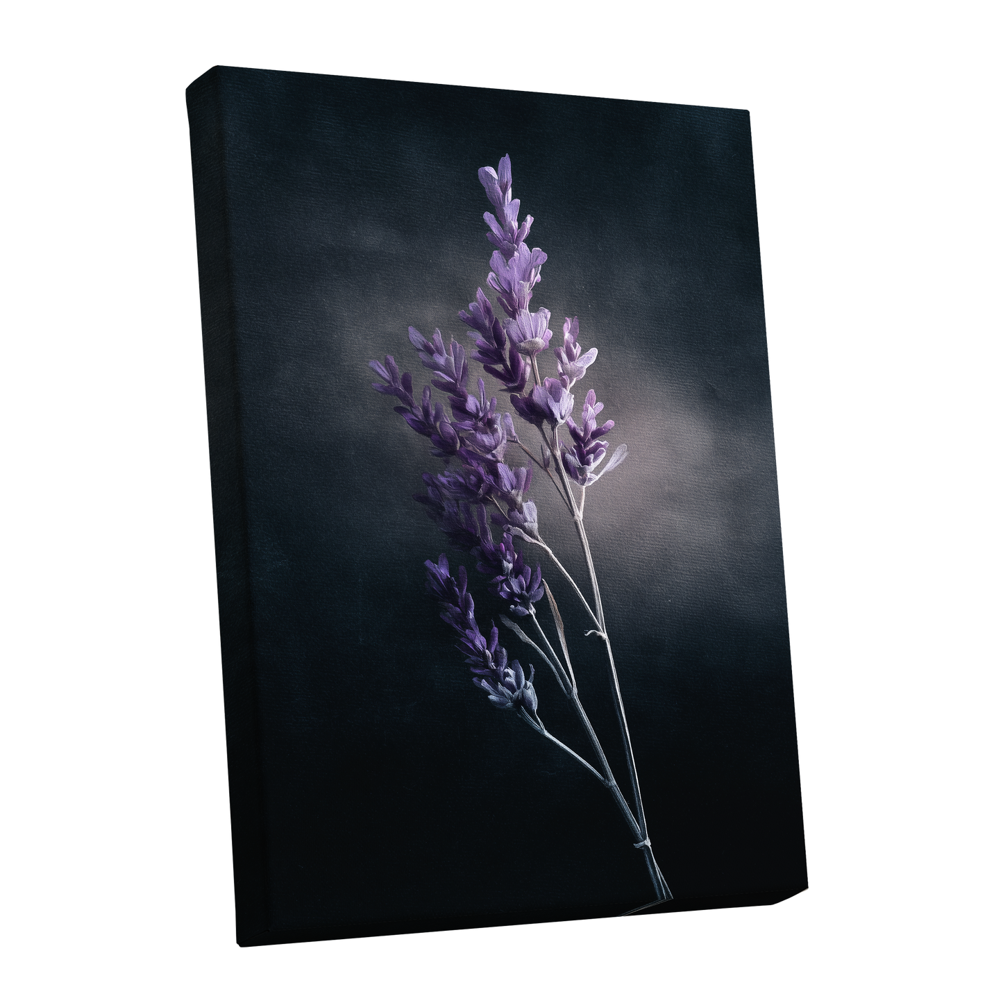 Lavender After Dark, black, purple, gray floral wall art shown as a stretched canvas wall art