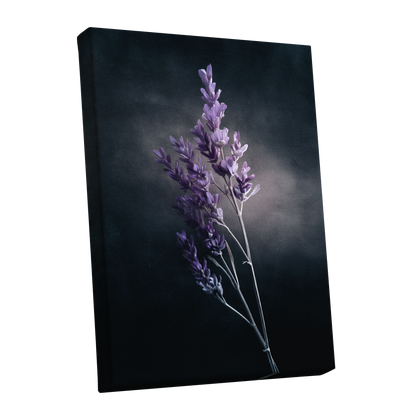 Lavender After Dark, black, purple, gray floral wall art shown as a stretched canvas wall art