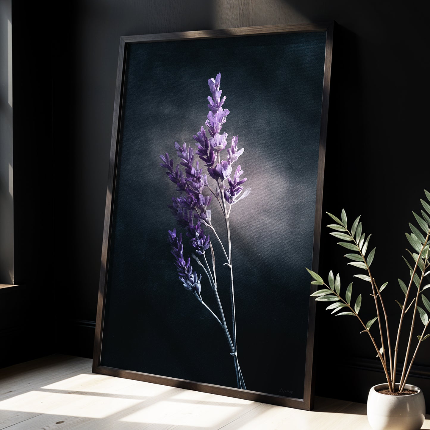 Lavender After Dark, black, purple, gray floral wall art displayed in a styled interior, gallery view 2