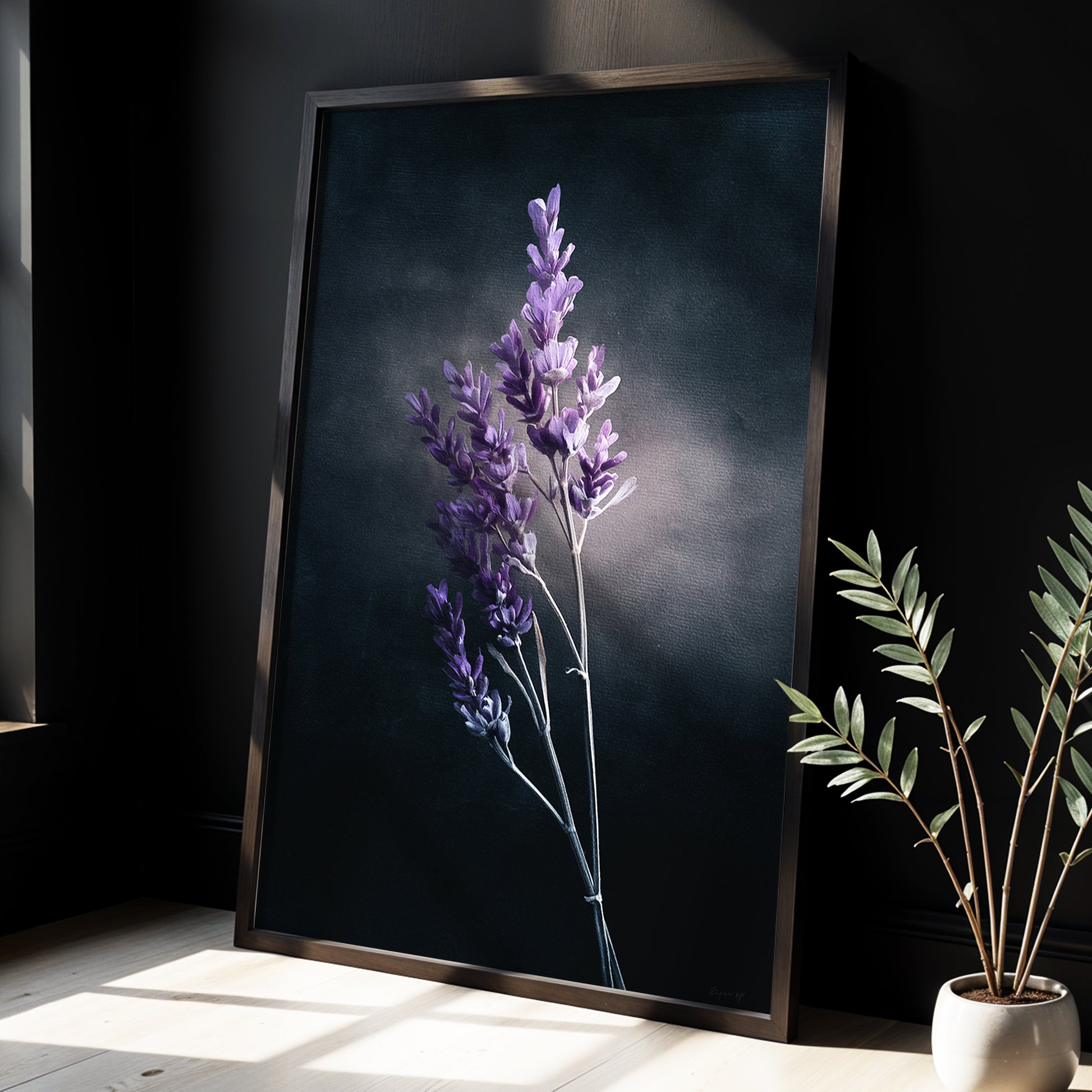 Lavender After Dark, black, purple, gray floral wall art displayed in a styled interior, gallery view 2