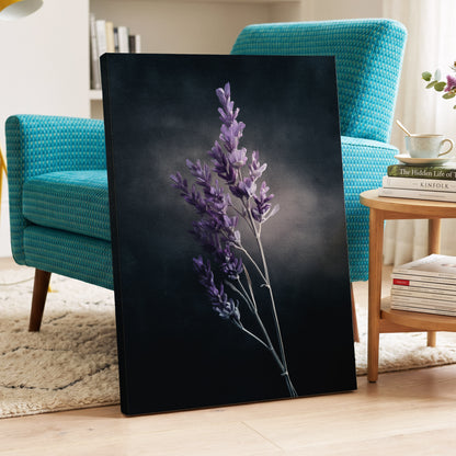 Lavender After Dark, black, purple, gray floral wall art displayed in a styled interior, gallery view 3