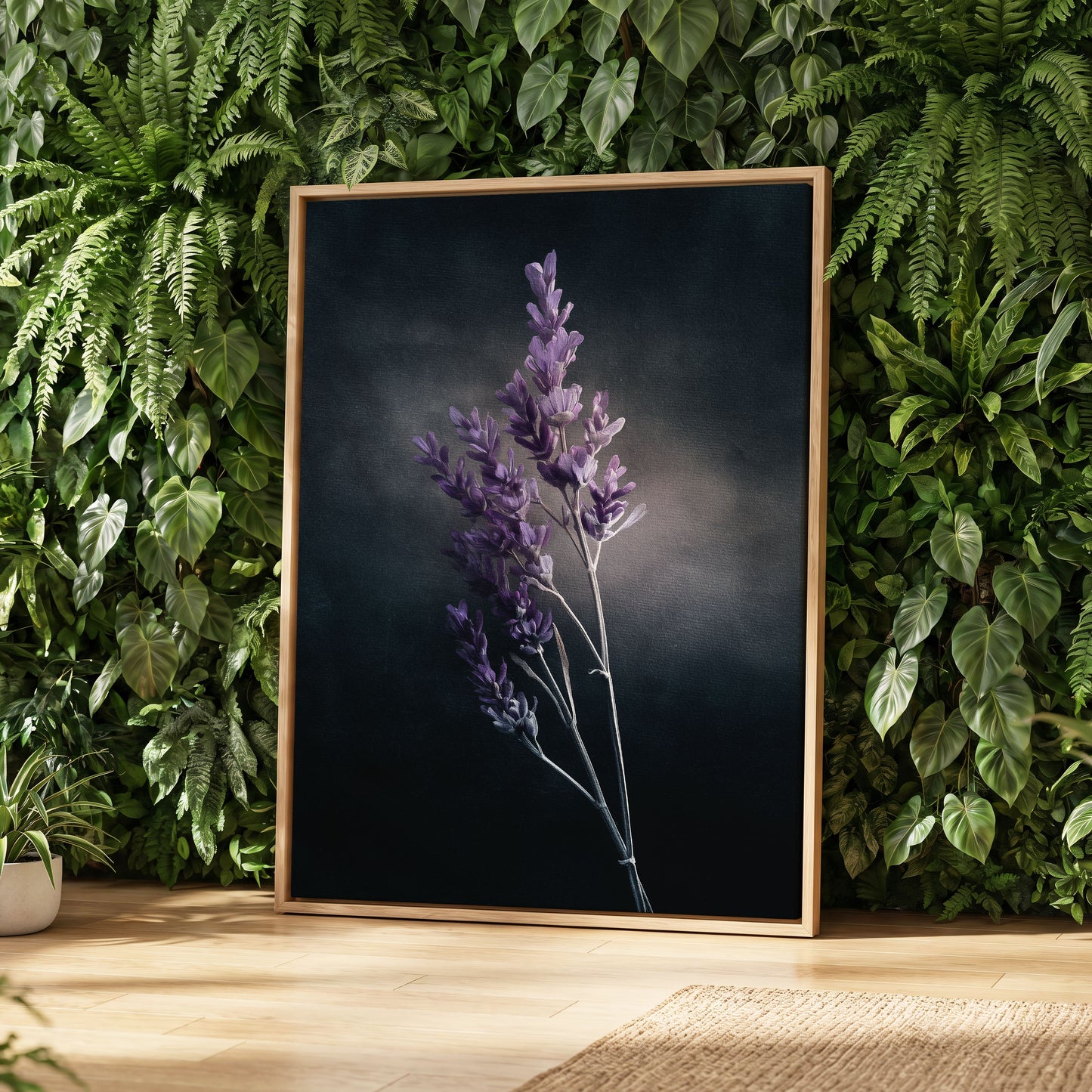 Lavender After Dark, black, purple, gray floral wall art displayed in a styled interior, gallery view 4