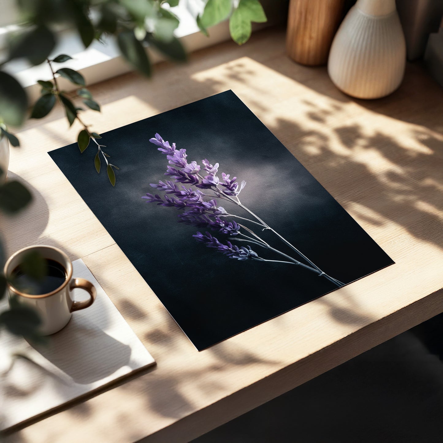 Lavender After Dark, black, purple, gray floral wall art displayed in a styled interior, gallery view 5