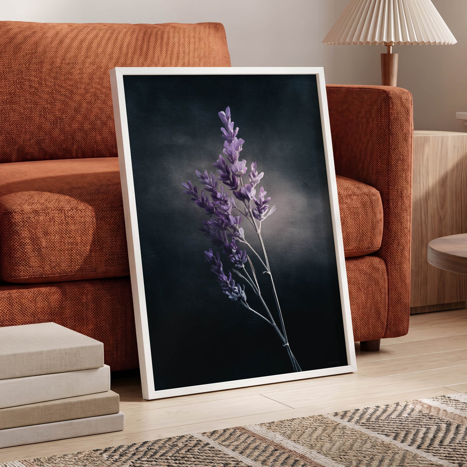 Lavender After Dark, black, purple, gray floral wall art displayed in a styled interior, gallery view 6