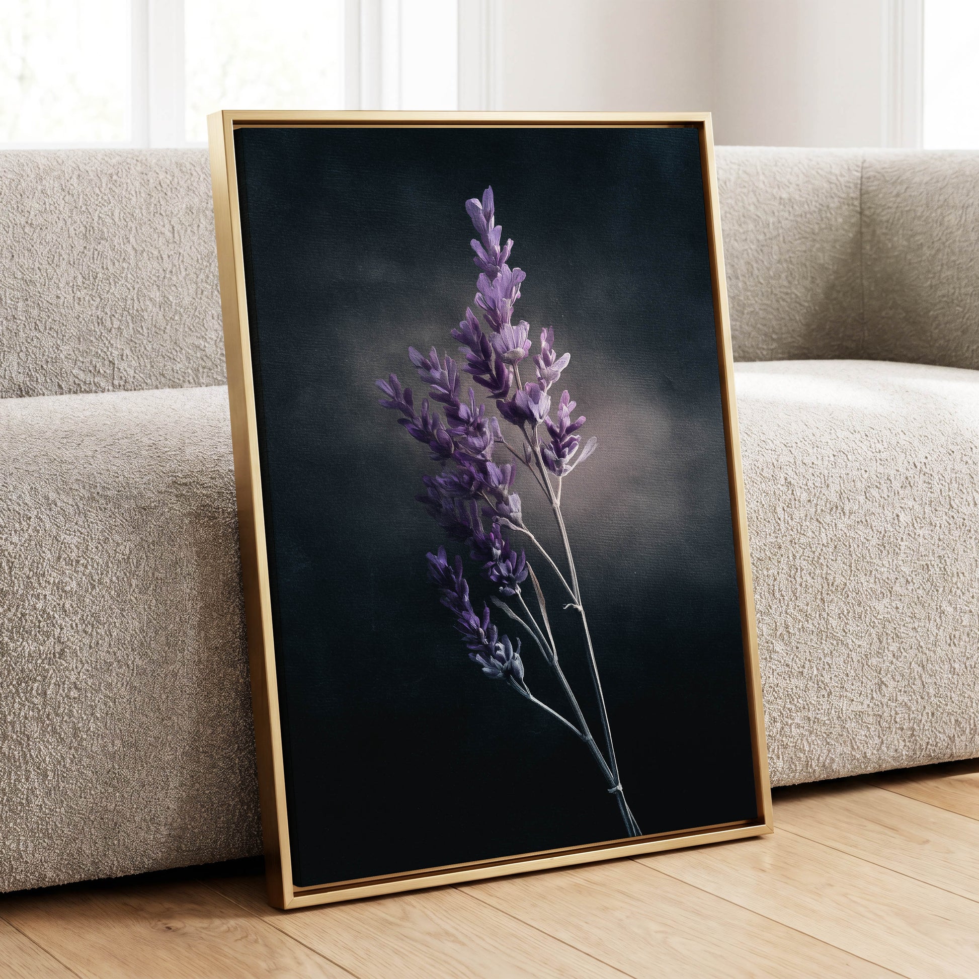 Lavender After Dark, black, purple, gray floral wall art displayed in a styled interior, gallery view 8