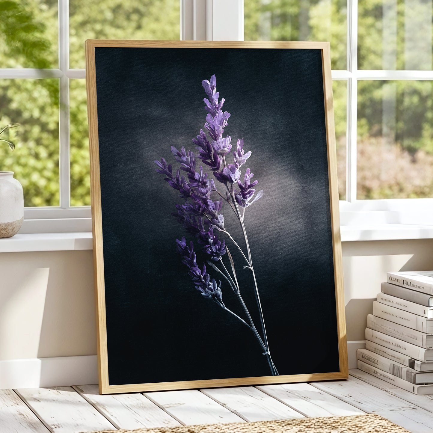 Lavender After Dark, black, purple, gray floral wall art displayed in a styled interior, gallery view 9