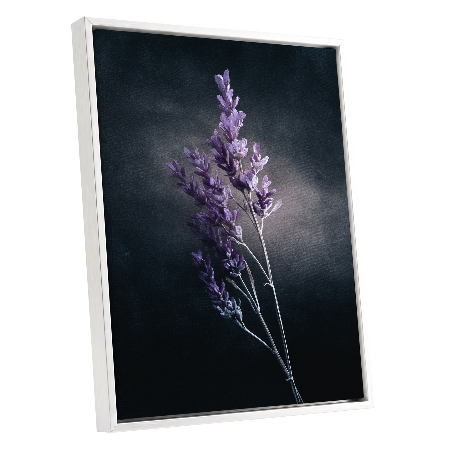 Lavender After Dark, black, purple, gray floral wall art shown as a white framed canvas wall art