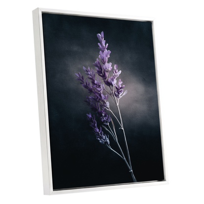 Lavender After Dark, black, purple, gray floral wall art shown as a white framed canvas wall art