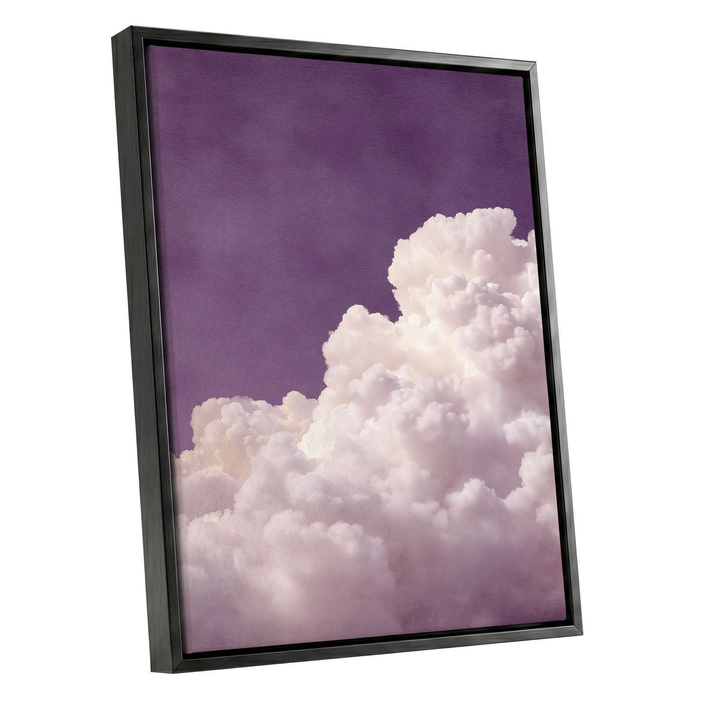 Lavender Cloudrise, purple, white, pink nature wall art shown as a black framed canvas wall art
