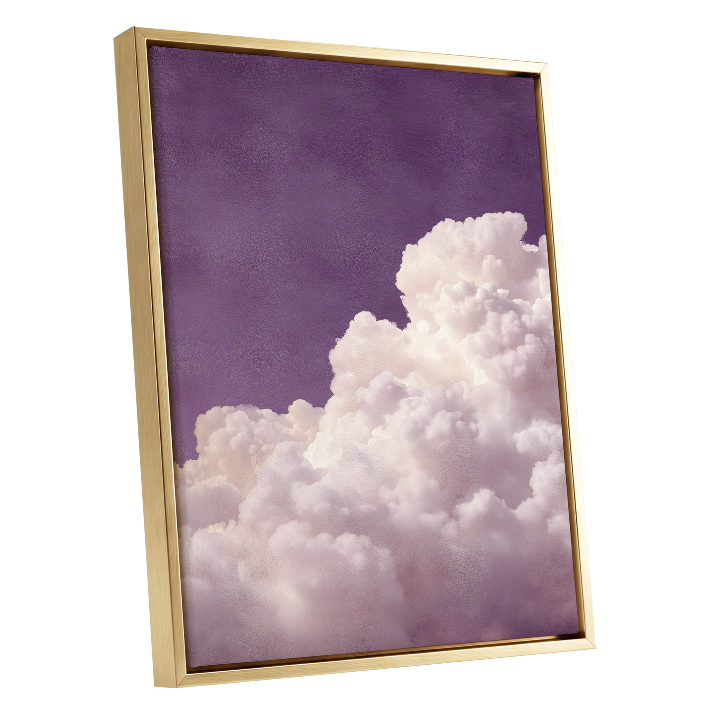 Lavender Cloudrise, purple, white, pink nature wall art shown as a gold framed canvas wall art