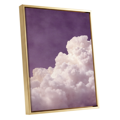 Lavender Cloudrise, purple, white, pink nature wall art shown as a gold framed canvas wall art