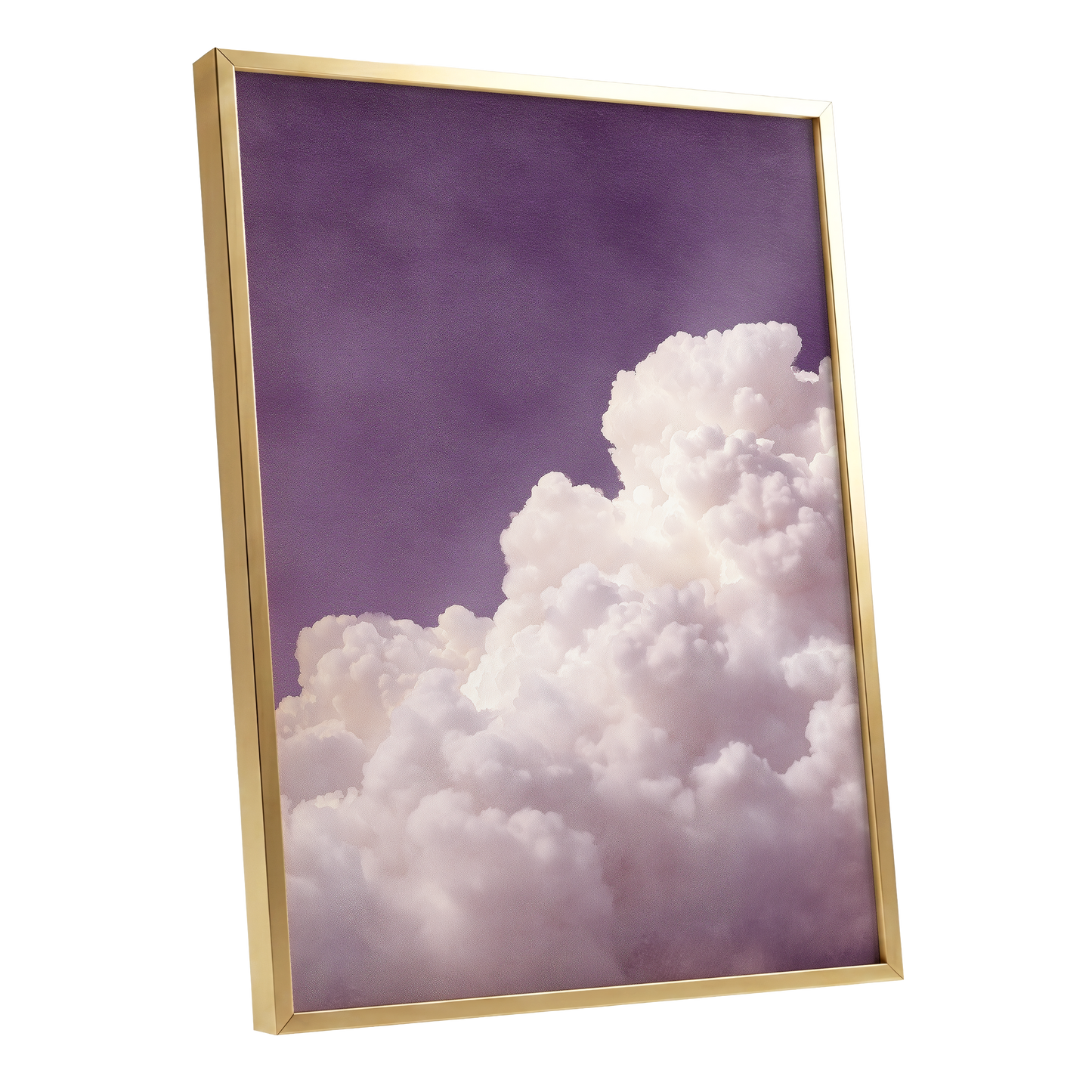 Lavender Cloudrise, purple, white, pink nature wall art shown as a gold framed poster wall art print