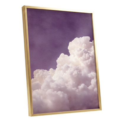 Lavender Cloudrise, purple, white, pink nature wall art shown as a gold framed poster wall art print