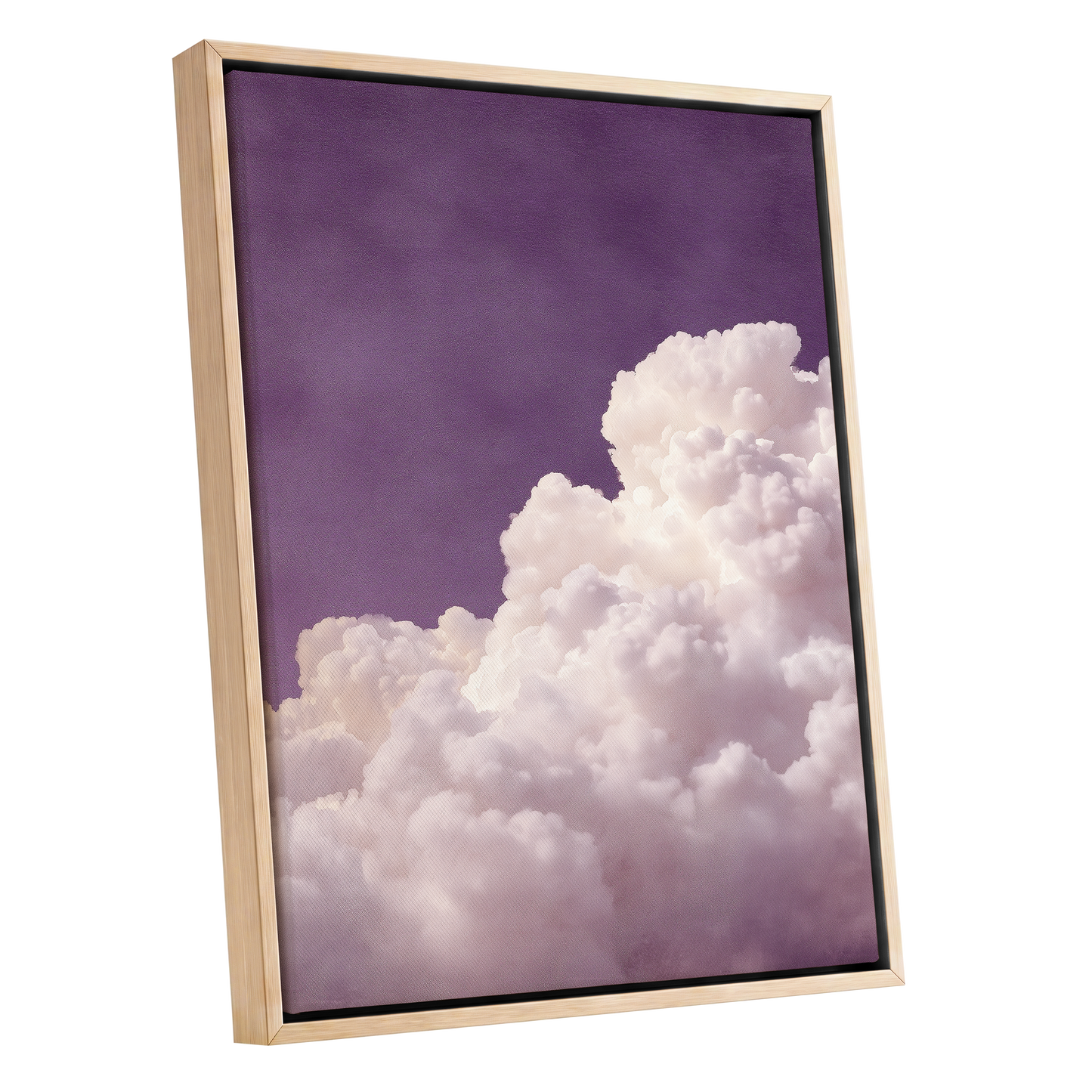 Lavender Cloudrise, purple, white, pink nature wall art shown as a oak framed canvas wall art