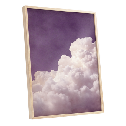 Lavender Cloudrise, purple, white, pink nature wall art shown as a oak framed poster wall art print