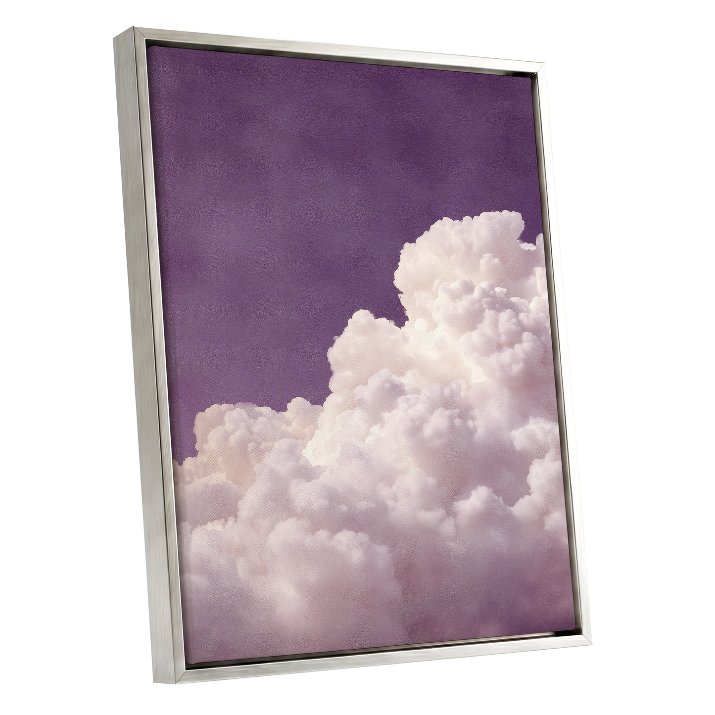 Lavender Cloudrise, purple, white, pink nature wall art shown as a silver framed canvas wall art