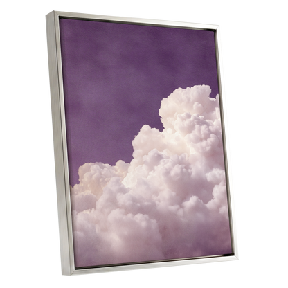 Lavender Cloudrise, purple, white, pink nature wall art shown as a silver framed canvas wall art