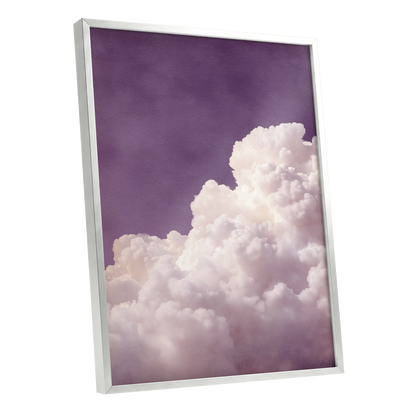 Lavender Cloudrise, purple, white, pink nature wall art shown as a silver framed poster wall art print