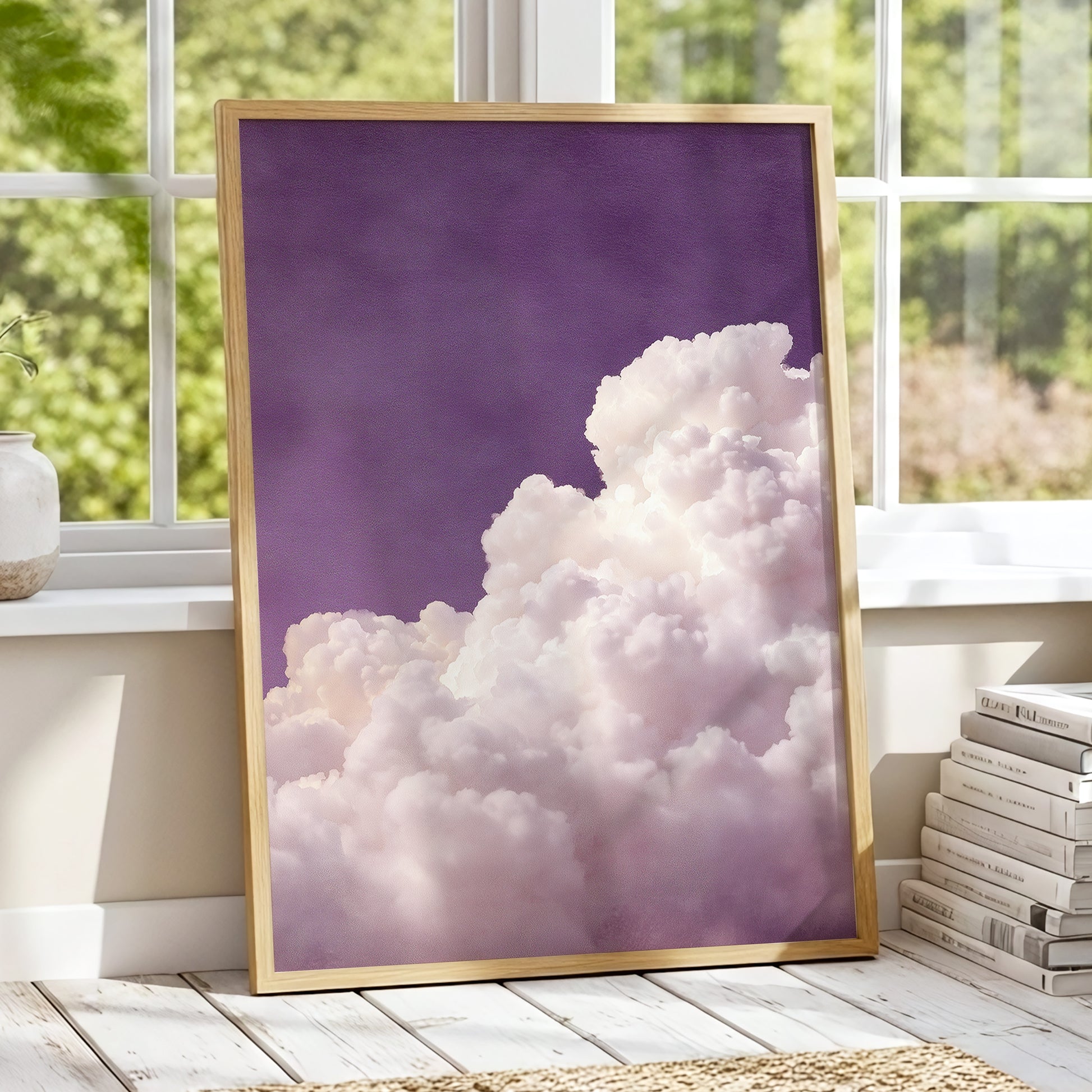 Lavender Cloudrise, purple, white, pink nature wall art displayed in a styled interior, gallery view 9