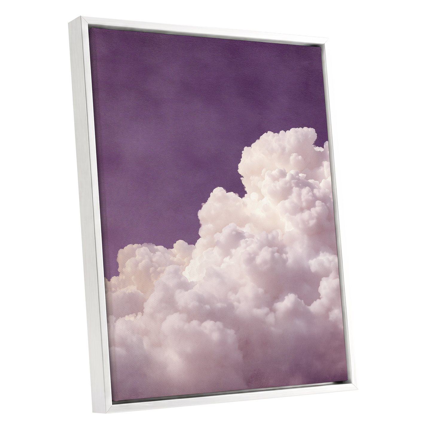 Lavender Cloudrise, purple, white, pink nature wall art shown as a white framed canvas wall art