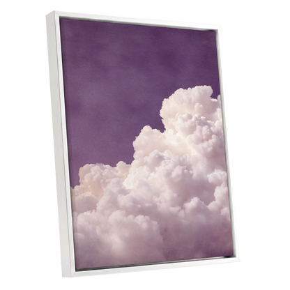Lavender Cloudrise, purple, white, pink nature wall art shown as a white framed canvas wall art