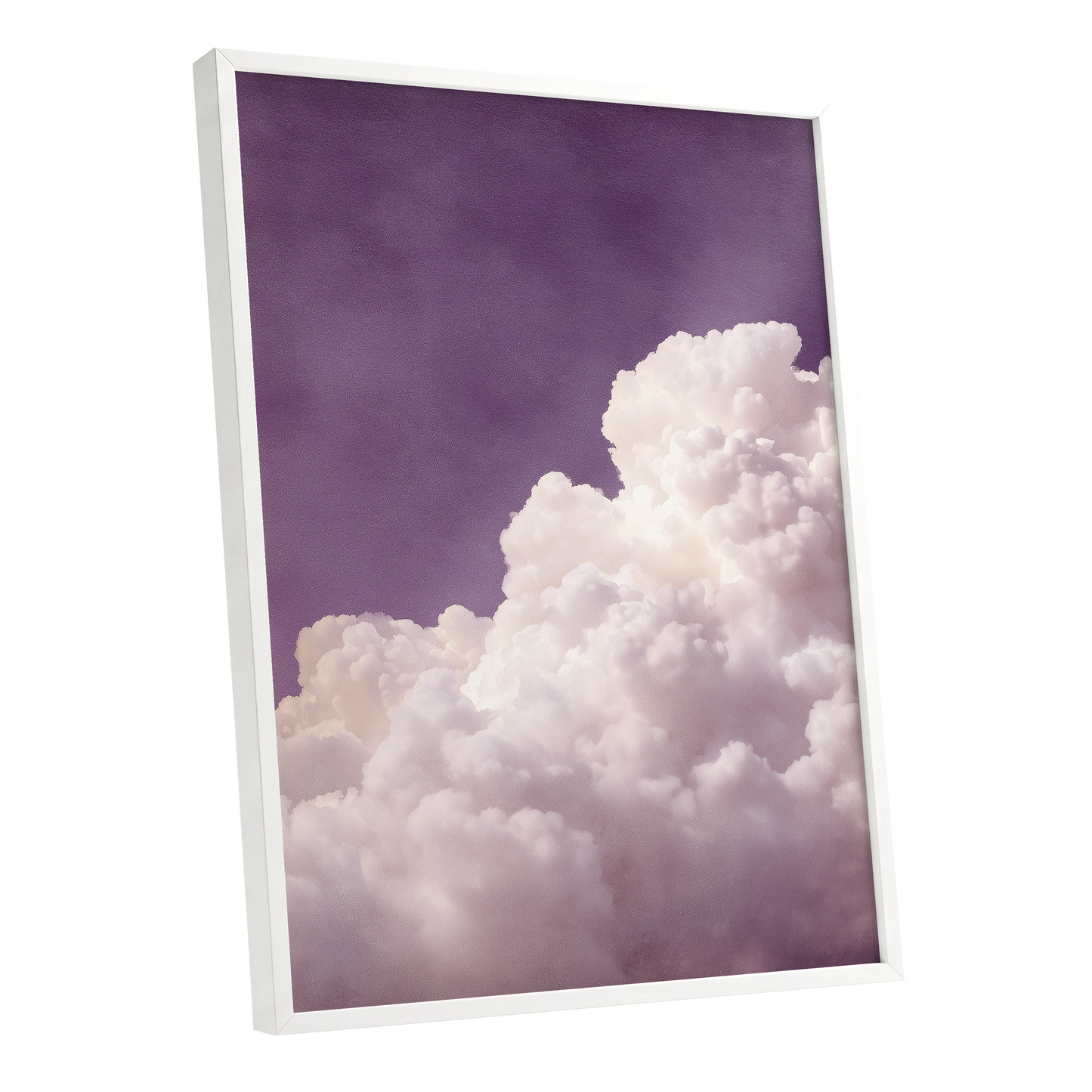 Lavender Cloudrise, purple, white, pink nature wall art shown as a white framed poster wall art print
