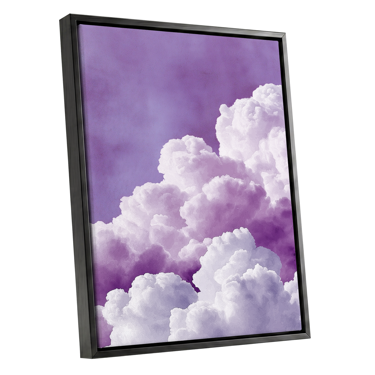 Lavender Cloudscape, purple, white, gray nature wall art shown as a black framed canvas wall art
