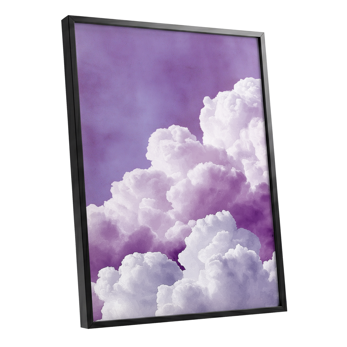 Lavender Cloudscape, purple, white, gray nature wall art shown as a black framed poster wall art print