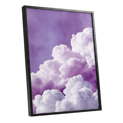 Lavender Cloudscape, purple, white, gray nature wall art shown as a black framed poster wall art print