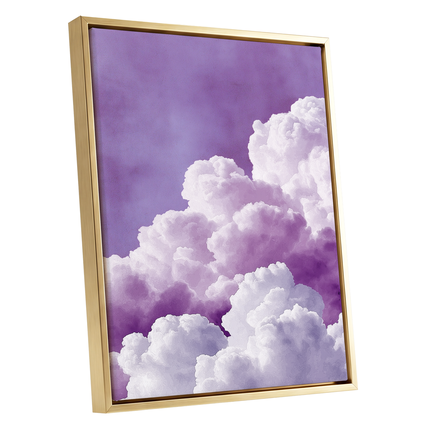 Lavender Cloudscape, purple, white, gray nature wall art shown as a gold framed canvas wall art
