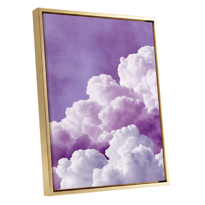 Lavender Cloudscape, purple, white, gray nature wall art shown as a gold framed canvas wall art