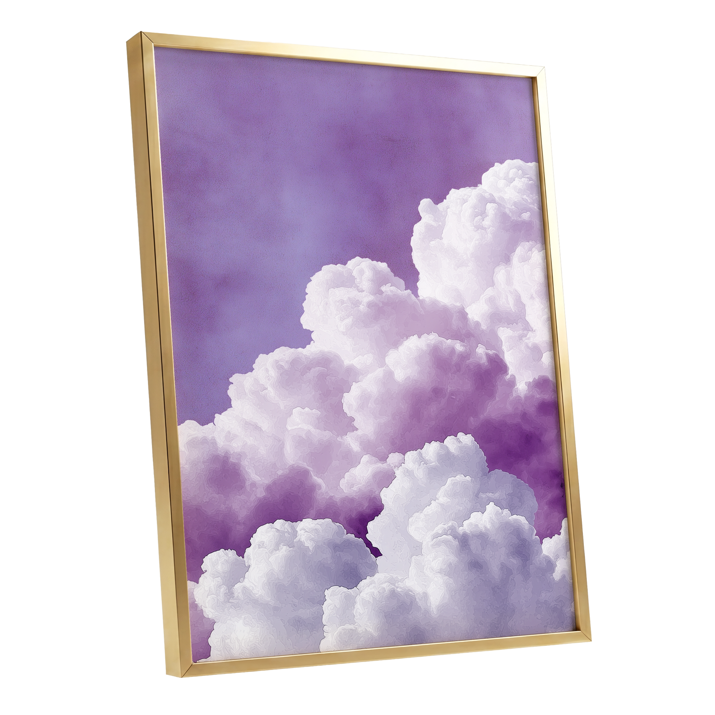 Lavender Cloudscape, purple, white, gray nature wall art shown as a gold framed poster wall art print