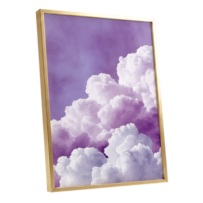 Lavender Cloudscape, purple, white, gray nature wall art shown as a gold framed poster wall art print