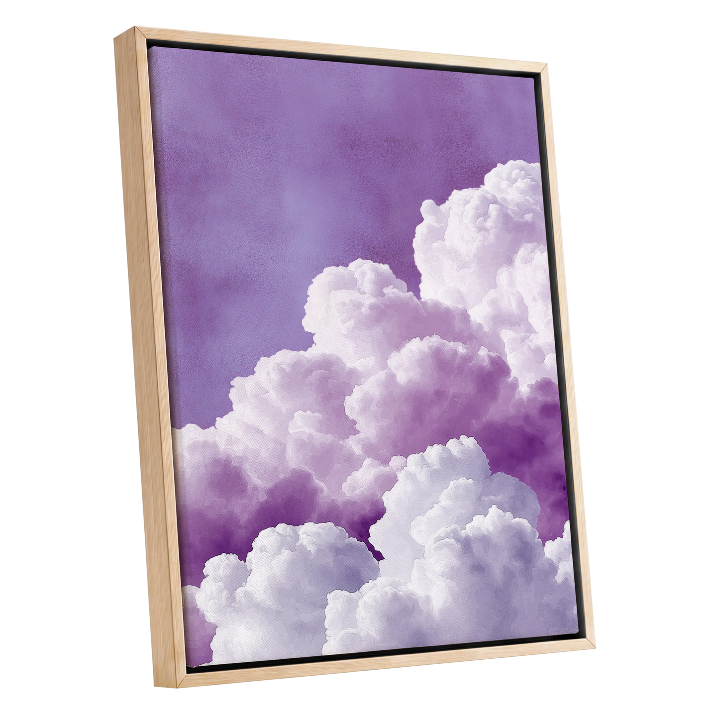 Lavender Cloudscape, purple, white, gray nature wall art shown as a oak framed canvas wall art