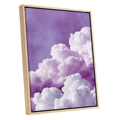 Lavender Cloudscape, purple, white, gray nature wall art shown as a oak framed canvas wall art